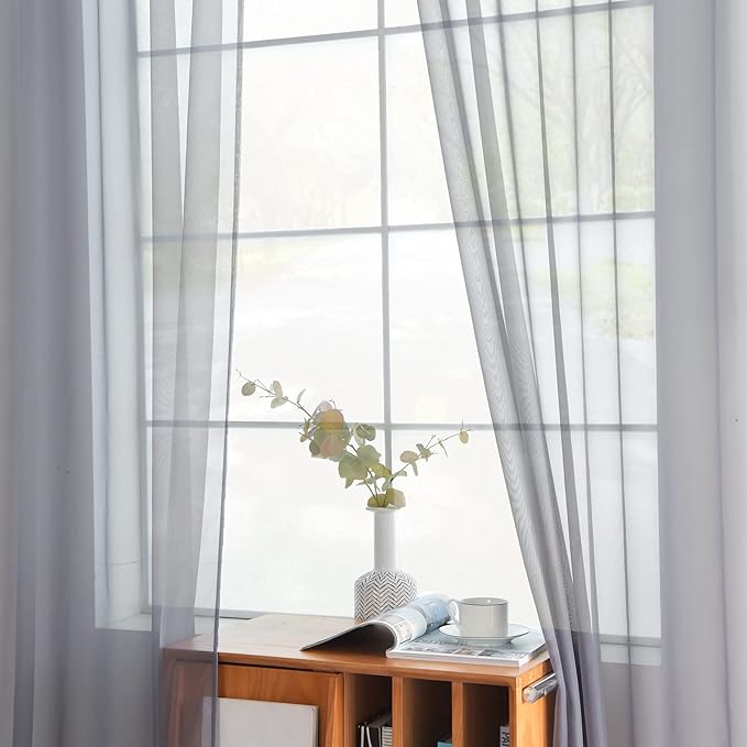 youleyar Solid Sheer Rod Pocket Curtain Voile Draperies 2 Panels White Beige Black Grey Coffee 52 Inch Width 96 Inch Long 1 Pair for Kitchen Bedroom Children Living Room Yard(Grey,52Wｘ96L)