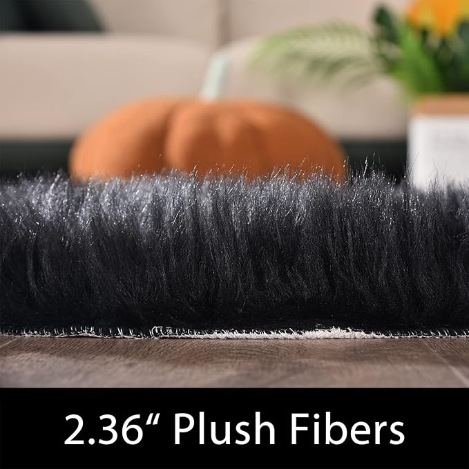 Latepis Black Furry Rugs for Bedroom Circle Faux Sheepskin Fur Rug Fluffy Round Rugs 6ft High Pile Plush Shaggy Rug for Living Room Playing Room Luxury Home Decor