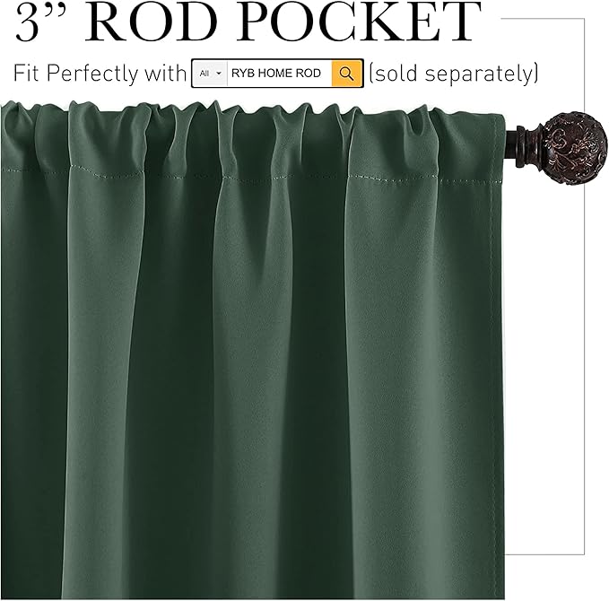 RYB HOME Short Blackout Curtains for Bedroom, Room Darkening Insulated Summer Heat Light UV Blocking Energy Saving Drapes for Nursery, Width 42 by Length 48, Dark Green, Set of 2