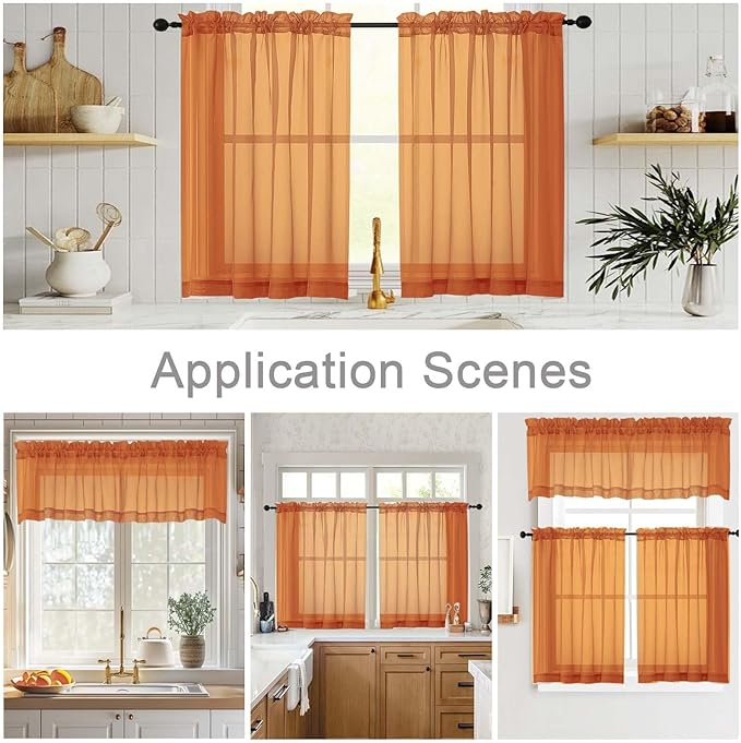 Orange Valances for Windows, Orange Sheer Curtains 14 Inch Length 2 Pack Kitchen Drapes, Modern Solid Mini Small Window Curtains for Cafe Bathroom Basement, Each 42" Wx14 L Inches