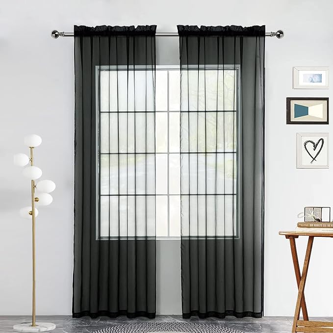 youleyar Solid Sheer Rod Pocket Curtain Voile Draperies 2 Panels White Beige Black Grey Coffee 52 Inch Width 63 Inch Long 1 Pair for Kitchen Bedroom Children Living Room Yard(Black,52Wｘ63L)