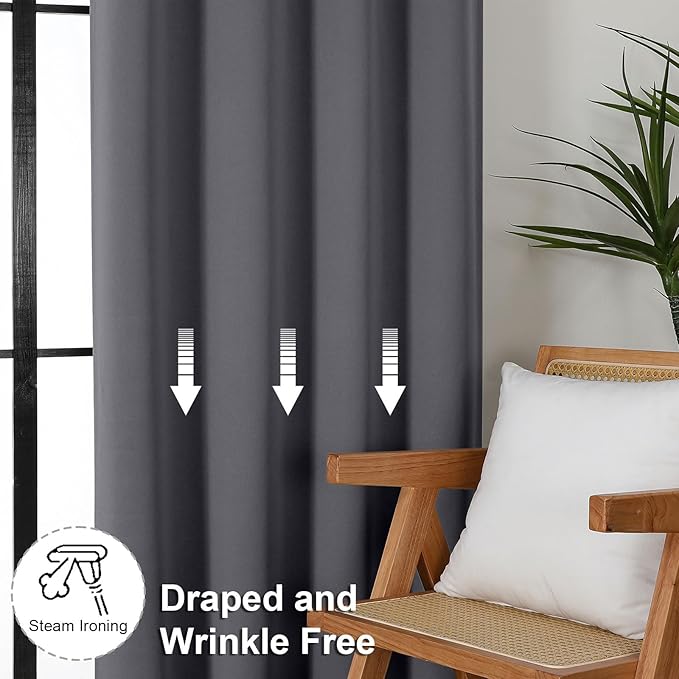 Simplebrand Ava Grey Blackout Curtains for Patio 108 Inches Long 2 Panels Set, Solid Thermal Insulated Room Darkening Rod Pocket Window Treatment Curtains Blackout Drapes, W50 x L108 Inch, Grey