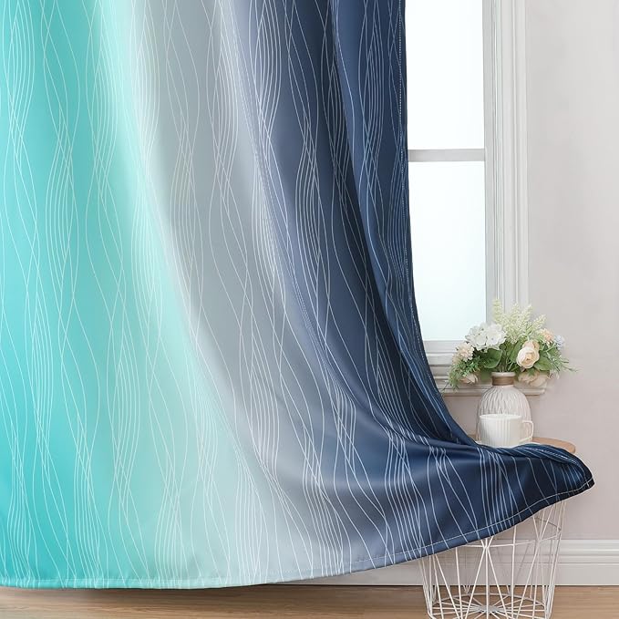 Estelar Textiler Navy Blue and Teal Blackout Curtains 72 Inch Length 2 Panels Set, Full Room Darkening Grommet Ombre Curtains for Bedroom, Thermal Insulated Light Blocking Gradient Drapes, 52Wx72L
