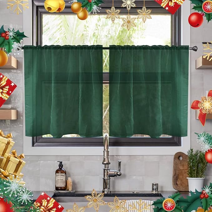 youleyar Solid Sheer Rod Pocket Curtain Voile Draperies 2 Panels White Beige Black Ivory Grey 26 Inch Width 40 Inch Long 1 Pair for Kitchen Bedroom Children Living Room Yard(Foliage Green,26W x 40L)