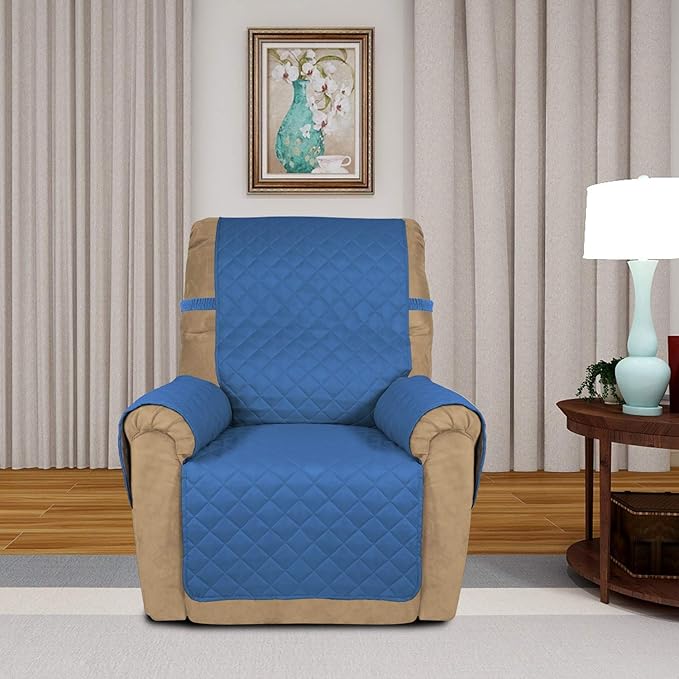 PureFit Reversible Quilted Sofa Cover, Water Resistant Slipcover Furniture Protector, Washable Couch Cover with Non Slip and Elastic Straps for Kids, Dogs, Pets (Small Recliner, Blue/Ivory)