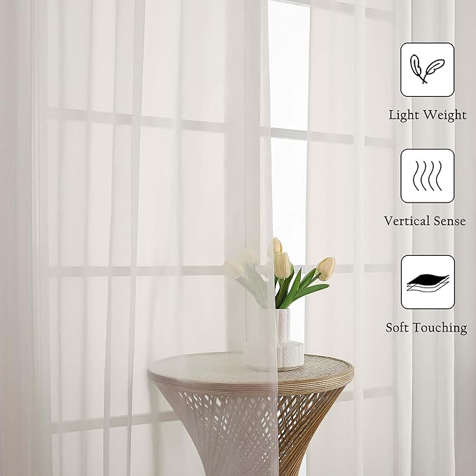 Lecloud Ivory Sheer Curtains 63 Inch Length 2 Panels Set, Rod Pockets Voile Bedroom Curtains for Living Room, Soft Light Filtering Window Treatments Drapes for Bathroom, Each Panel 59" W x 63" L
