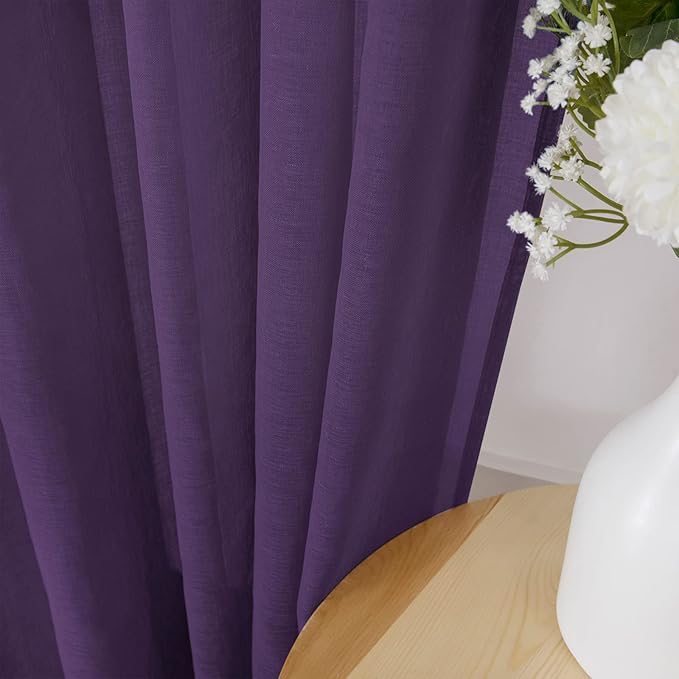 Tollpiz Short Sheer Curtains Linen Textured Bedroom Curtain Sheers Light Filtering Rod Pocket Voile Curtains for Living Room, 54 x 45 inches Long, Royal Purple, Set of 2 Panels