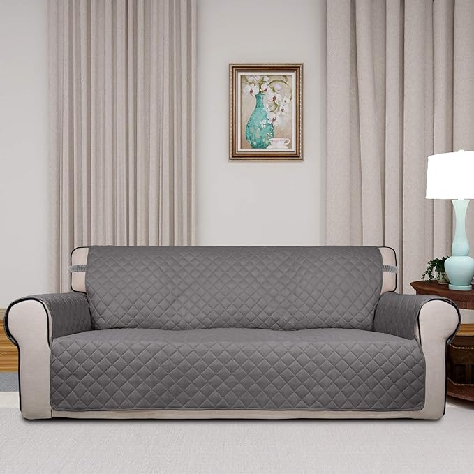 PureFit Reversible Quilted Sofa Cover, Water Resistant Slipcover Furniture Protector, Washable Couch Cover with Non Slip and Elastic Straps for Kids, Dogs, Pets (Oversized Sofa, Gray/Light Gray)