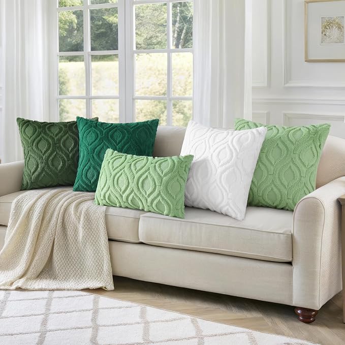 decorUhome Throw Pillow Covers 12x20 Inch Set of 2, Soft Plush Faux Wool Green Solid Couch Pillow Covers, Accent Farmhouse Neutral Rectangle Pillow Cases for Sofa Bed Living Room