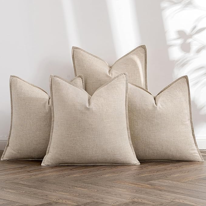 MIULEE Beige Linen Pillow Covers Pack of 4 Decorative Natural Solid Throw Pillow Covers Soft Accent Boho Farmhouse Couch Pillowcases Modern Spring Home Decors for Living Room Bed Sofa 20x20 Inch