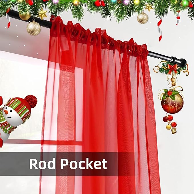 youleyar Solid Sheer Rod Pocket Curtain Voile Draperies 2 Panels White Beige Black Ivory Grey 26 Inch Width 40 Inch Long 1 Pair for Kitchen Bedroom Children Living Room Yard(Red,26W x 40L)