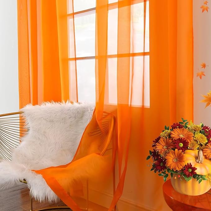 youleyar Solid Sheer Rod Pocket Curtain Voile Draperies 2 Panels White Beige Black Ivory Grey 26 Inch Width 30 Inch Long 1 Pair for Kitchen Bedroom Children Living Room Yard(Orange,26W x 30L)