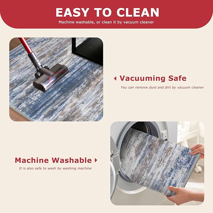 KOZYFLY Modern Abstract Hallway Runner, 2x10 Washable Rug Runner Non-Slip Soft Striped Kitchen Runner Rug, Blue Rust Print Carpet for Entryway Bathroom Laundry Room Foyer