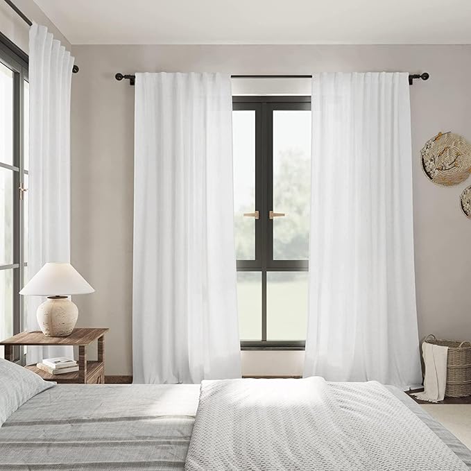 Nanspring White Linen Curtains for Living Room 93 Inches Long Extra Long Back Tab Curtains 2 Panels Set Farmhouse Light Filtering Semi Sheer Linen Drapes Ceiling to Floor for Large Window 52x93