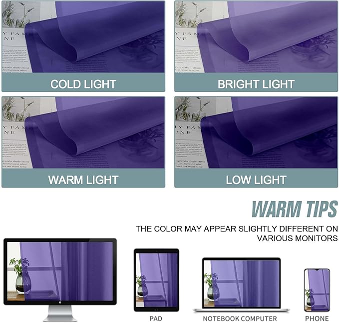 Purple Sheer Curtains for Window 96 Inches Long 2 Panels Set, Soft Airy Light Filtering Voile Sheer Curtains for Living Room Bedroom, Dual Rod Pocket Elegant Window Drapes, 2x42Wx96L Inches