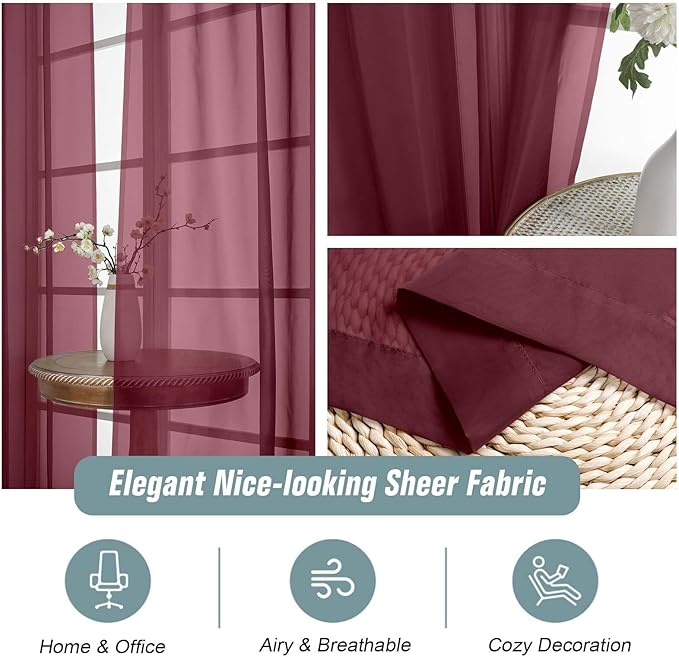 Burgundy Sheer Curtains 63 Inch Length 2 Panels, Voile Sheer Curtain for Christmas, Breathable Light Filtering Modern Window Treatments, Soft Fabric Dual Rod Pocket Panels, 2x42Wx63L Inches