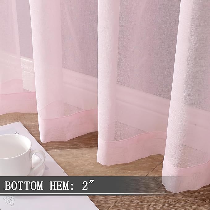 Tollpiz Short Sheer Curtains Living Room Linen Textured Curtain Sheers Light Filtering Voile Rod Pocket Curtains for Bedroom, 38 x 45 inches Long, Pink, Set of 2 Panels