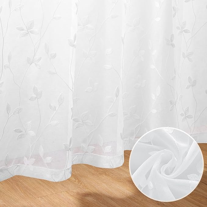 HOMEIDEAS White Sheer Curtains 52 X 96 Inches Length 2 Panels Embroidered Vine Floral Pattern Pocket Faux Linen Semi Sheer Voile Window Drapes for Bedroom Living Room