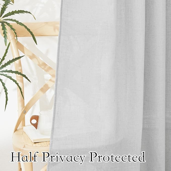 RYB HOME Linen Sheer Curtains - Farmhouse Privacy Semi Sheer Window Curtains for Living Room Bedroom Bathroom, Dove Gray, Wide 52 x Long 90, 1 Pair