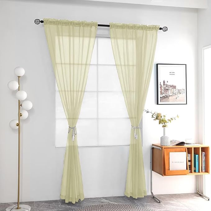 youleyar Solid Sheer Rod Pocket Curtain Voile Draperies 2 Panels White Beige Black Grey Ivory 52 Inch Width 108 Inch Long 1 Pair for Kitchen Bedroom Children Living Room Yard (Sage Green,52Wｘ108L)