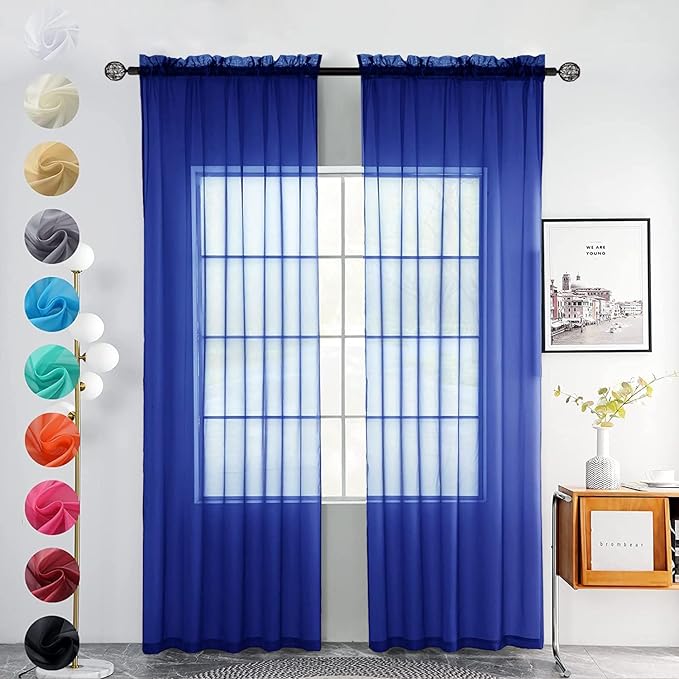 youleyar Solid Sheer Rod Pocket Curtain Voile Draperies 2 Panels White Beige Black Grey Coffee 52 Inch Width 63 Inch Long 1 Pair for Kitchen Bedroom Children Living Room Yard (Sapphire,52Wｘ63L)
