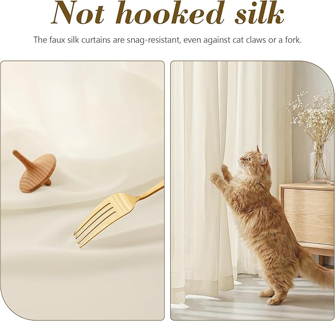 FMFUNCTEX Sheer Non-See-Through Butter Cream Curtains for Bedroom, Faux Silk That Let Light Curtains 96 inches Long Light Filtering Privacy Sheer Window Drapes for Living Room, Rod Pocket 2 Panels Set