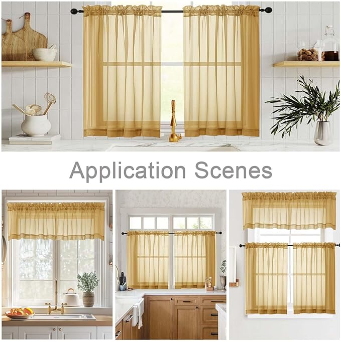 Kitchen Curtains 24 Inch Length Tier 2 Pieces, Gold Sheer Curtain Solid Soft Sheer Short Curtains for Windows, Cafe Bathroom Basement Rod Pocket Drapes, Gold, Each 42" Wx24 L Inches