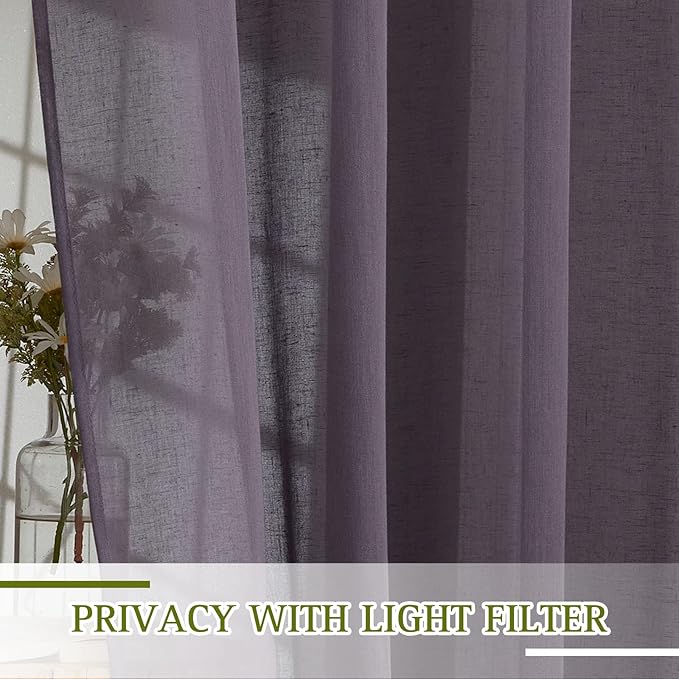 NICETOWN Linen Curtains for Bedroom, Grommet Semi Sheer Privacy with Light Filtering Curtains & Drapes Window Treatment for Bedroom Girls, Purple Brown, W52 x L63, 1 Pair