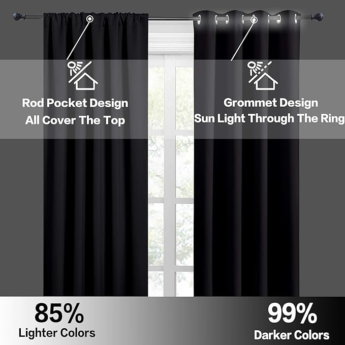 RYB HOME Large Blackout Curtains for Bedroom 84 inches Long 2 Panels Set, Privacy Thermal Insultaed Sunlignt Heat Blocking Drapes for Sliding Patio Door, Width 70 by Length 84, Black