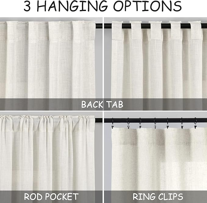 Nanspring 60 Inch Length Linen Curtains Cream Semi Sheer Light Filtering Back Tab and Rod Pocket Neutral Curtains for Bedroom Living Room 34 x 60 Inch,2 Panels