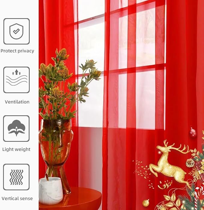 youleyar Solid Sheer Rod Pocket Curtain Voile Draperies 2 Panels White Beige Black Ivory Grey 26 Inch Width 40 Inch Long 1 Pair for Kitchen Bedroom Children Living Room Yard(Red,26W x 40L)