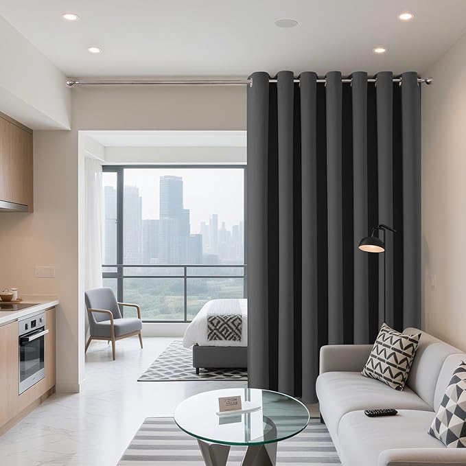 Joydeco Blackout Patio Sliding Door Curtains 90 Inches Long, Grommet Privacy Room Divider Curtains, Extra Wide Thermal Blackout Drapes for Bedroom Living Room (Grey, 70Wx90L, 1 Panel)