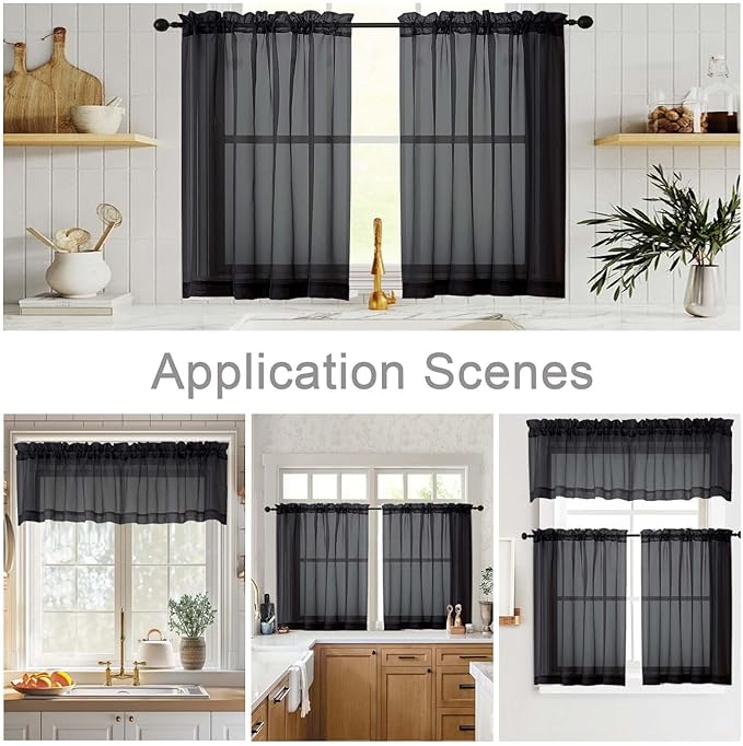 Kitchen Curtains 24 Inch Length Tier 2 Pieces, Black Sheer Curtain Solid Soft Sheer Short Curtains for Windows, Cafe Bathroom Basement Rod Pocket Drapes, Black, Each 42" Wx24 L Inches