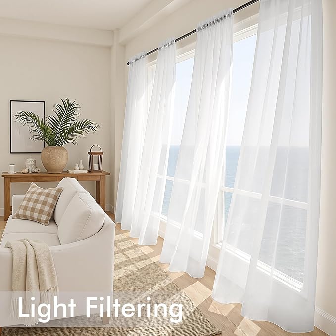 MIULEE White Sheer Curtains 100 Inches Long, 4 Panels Set, Light Filtering Voile Rod Pocket Drapes, Airy Soft Fabric Window Treatments for Living Room and Bedroom, 42 x 100 Inches