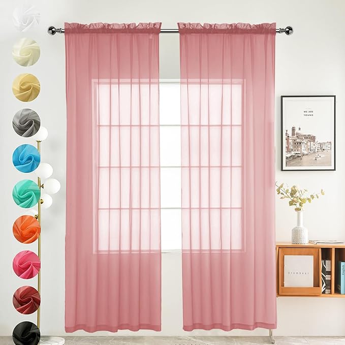youleyar Solid Sheer Rod Pocket Curtain Voile Draperies 2 Panels White Beige Black Grey Coffee 52 Inch Width 72 Inch Long 1 Pair for Kitchen Bedroom Children Living Room Yard (Blush,52Wｘ72L)