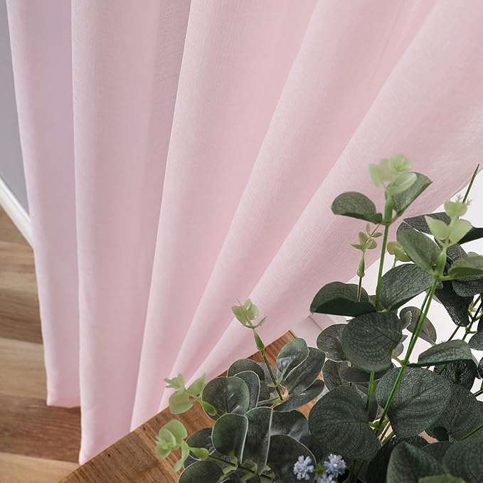 Tollpiz Short Sheer Curtains Linen Textured Living Room Curtain Sheers Light Filtering Rod Pocket Voile Curtains for Bedroom, 42 x 45 inches Long, Pink, Set of 2 Panels