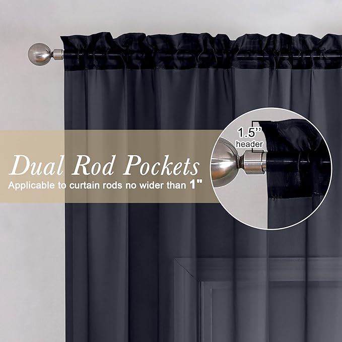 Lecloud Black Sheer Valances for Windows 18 Inch Length 2 Pcs, Cafe Kitchen Curtains for Bedroom Living Room, Short Curtains for Small Windows with Dual Rod Pocket Home Decor, 42" W x 18" L