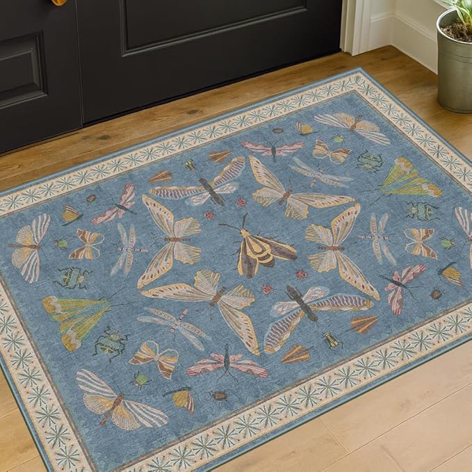 Blue 2x3 Kitchen Rugs Non Slip Washable, 0.25" Low Pile Stain & Fade Resistant, Waterproof Indoor Floor Mat for Entryway, Bathroom, Laundry Room, Boho Insect Floral Decor