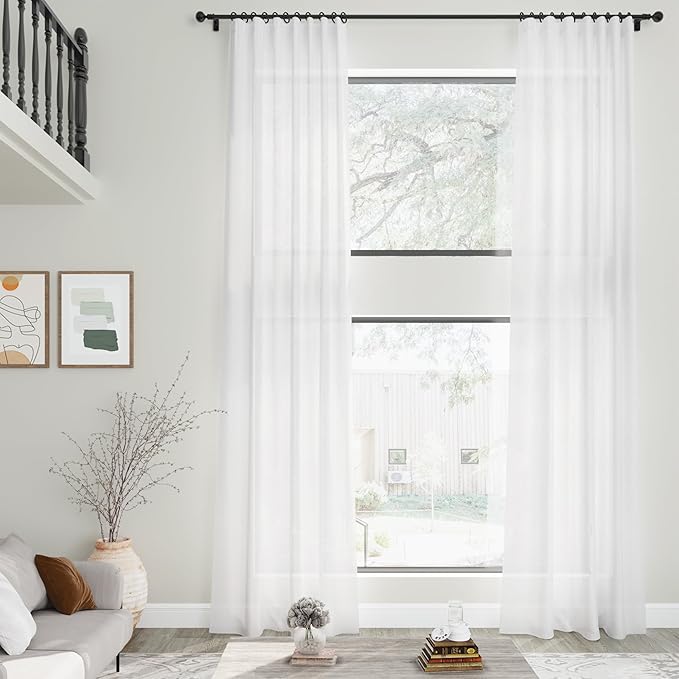 Linen White Curtains 145 inch Extra Long for Living Room Back Tab Light Filtering Semi Sheer Drapes Modern Farmhouse Coastal Decor Cotton Textured Curtain for Floor to Ceiling High Window 52x145