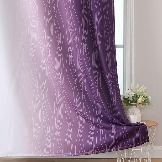 Estelar Textiler Purple and Greyish White Ombre Blackout Curtains 45 Inch Length 2 Panels, Full Room Darkening Gradient Drapes for Kitchen,Thermal Insulated Grommet Short Curtains for Bathroom,42Wx45L