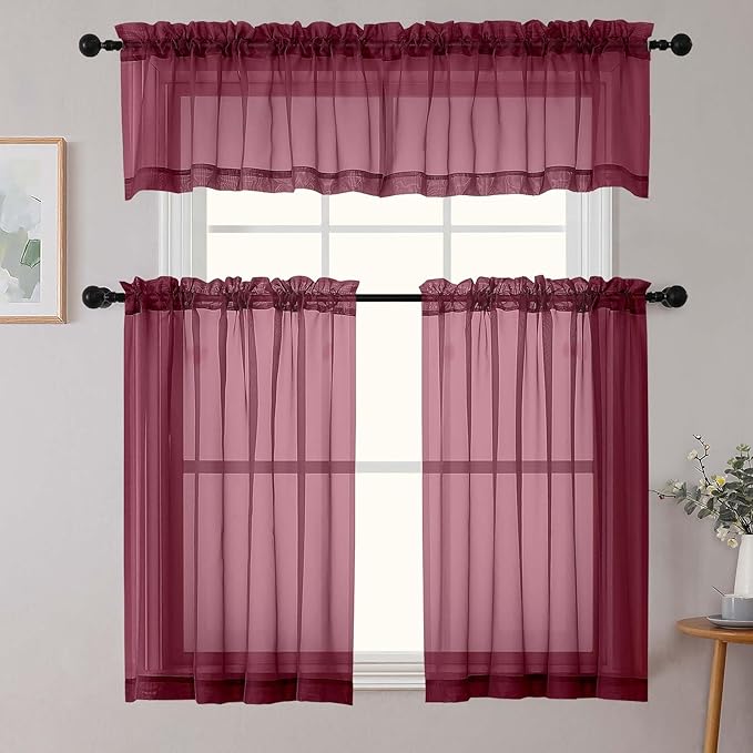 Burgundy Kitchen Curtains 30 Inch Length Tier 2 PCS, Solid Soft Airy Half Curtains for Windows, Sheer Rod Pocket Drapes for Bathroom Basement Small Window, Burgundy, 42" Wx30 L Inches