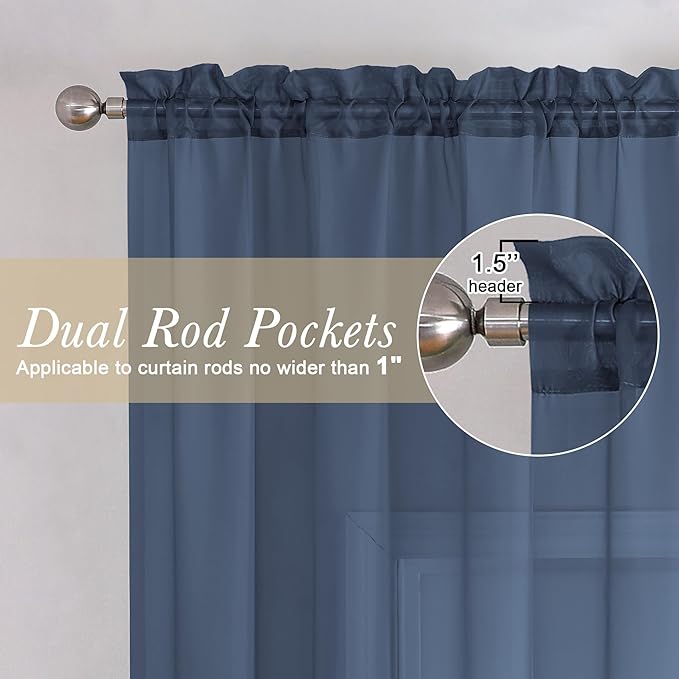 Lecloud Navy Blue Sheer Curtains 120 Inches Long 2 Pcs, Solid Voile Light Filtering Rod Pockets Window Curtains for Bedroom, Modern Farmhouse Decor Drapes for Living Room, Each Panel 59" W x 120" L