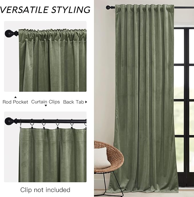 RYB HOME Sage Green Velvet Curtains with Hook Tape, Thermal Insulated Privacy Protect Decorative Drapes for Bedroom Dining Room, W 62 x L 96 inches, 2 Panels Set