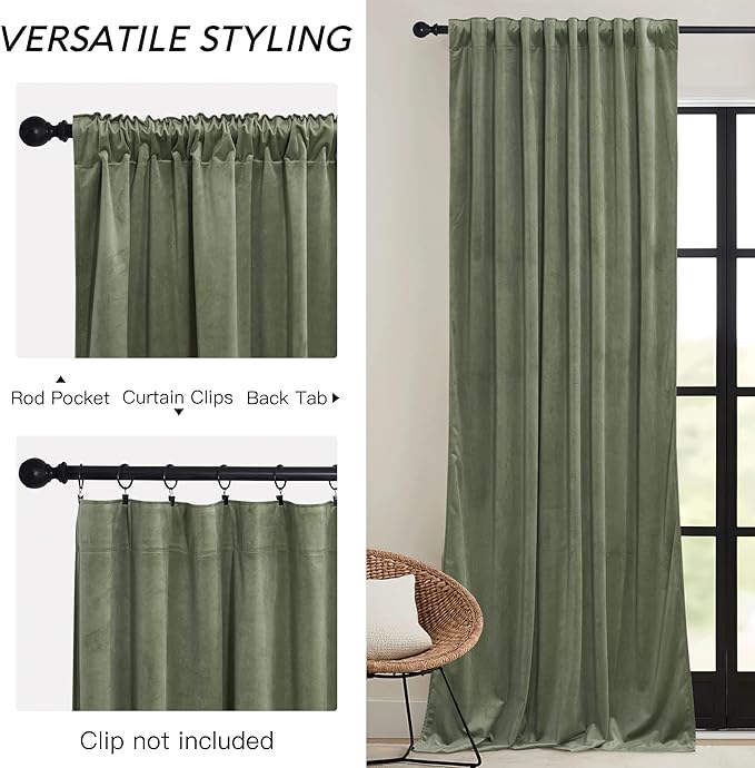 RYB HOME Sage Green Velvet Curtains 102 inches with Hook Belt, Soft Fabric Room Darkening Thermal Insulated Luxurious Home Decor Curtains for Living Room Bedroom, W 52" x L 102", 2 Panels Set