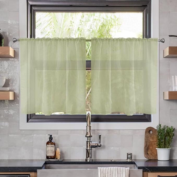 youleyar Solid Sheer Rod Pocket Curtain Voile Draperies 2 Panels White Beige Black Ivory Coffee 26 Inch Width 40 Inch Long 1 Pair for Kitchen Bedroom Children Living Room Yard(Sage Green,26W x 40L)
