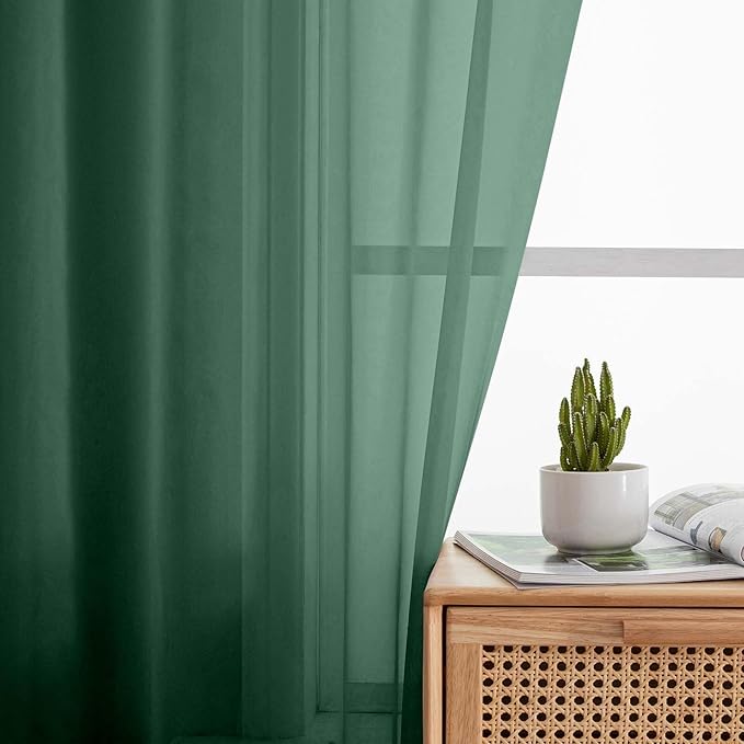 Sheer Hunter Green Curtains for Bedroom Living Room 63 Inch Length 2 Panels, Airy Soft Light Filtering Sheer Dining Room Curtains, Modern Rod Pocket Drapes, Hunter Green, Each 42"Wx63"L Inch