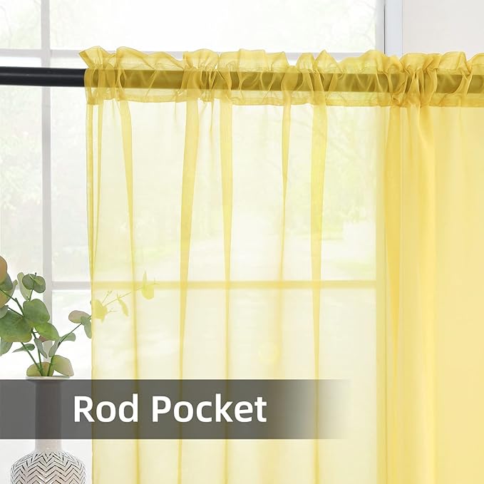 youleyar Solid Sheer Rod Pocket Curtain Voile Draperies 2 Panels White Beige Black Grey Coffee 52 Inch Width 63 Inch Long 1 Pair for Kitchen Bedroom Children Living Room Yard (Yellow,52Wｘ63L)