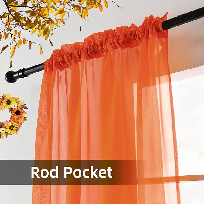 youleyar Solid Sheer Rod Pocket Curtain Voile Draperies 4 Panels White Beige Black Grey Ivory 52 Inch Width 108 Inch Long 1 Pair for Kitchen Bedroom Children Living Room Yard(Burnt Orange,52 Wｘ108 L)
