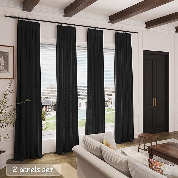 Black Linen Curtains 80 inches Long for Bedroom Back Tab Light Filtering Privacy Sheer Curtains Modern Farmhouse Coastal Decor Cotton Textured Gauze Curtain 2 Panel Set 38x80 for Living Room