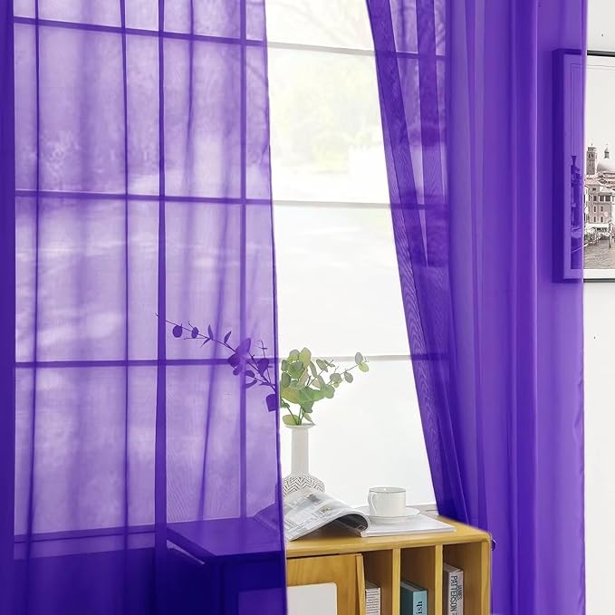 youleyar Solid Sheer Rod Pocket Curtain Voile Draperies 2 Panels White Beige Black Ivory Coffee 22 Inch Width 50 Inch Long 1 Pair for Kitchen Bedroom Children Living Room Yard(Purple,22W x 50L)